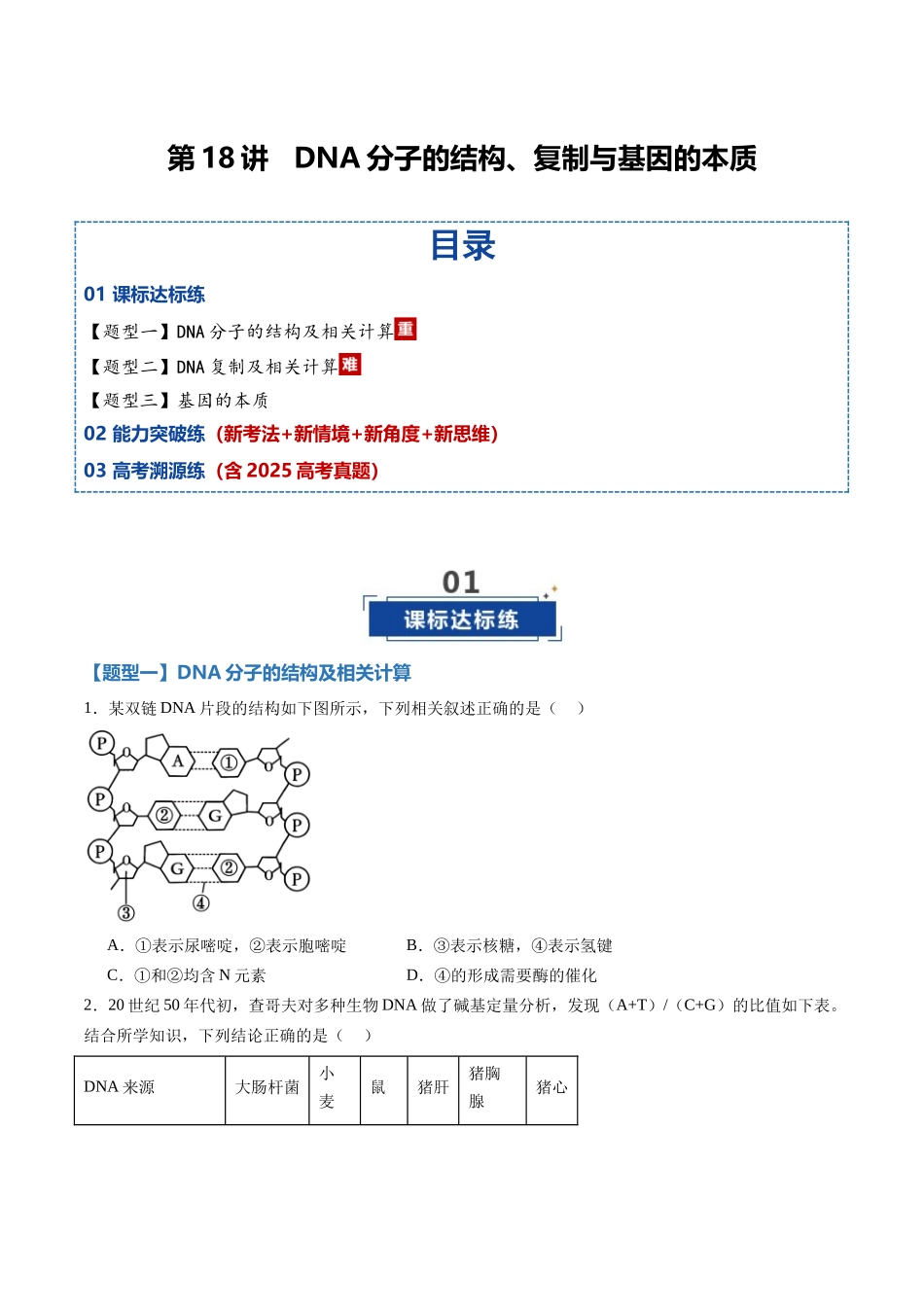 第18讲 DNA分子的结构、复制与基因的本质(专项训练)(黑吉辽蒙专用)(学生版).docx_第1页