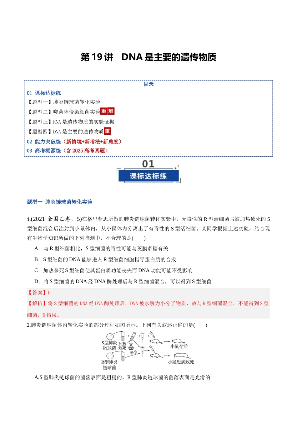 第19讲 DNA是主要的遗传物质(专项训练)(湖南专用)(教师版).docx_第1页