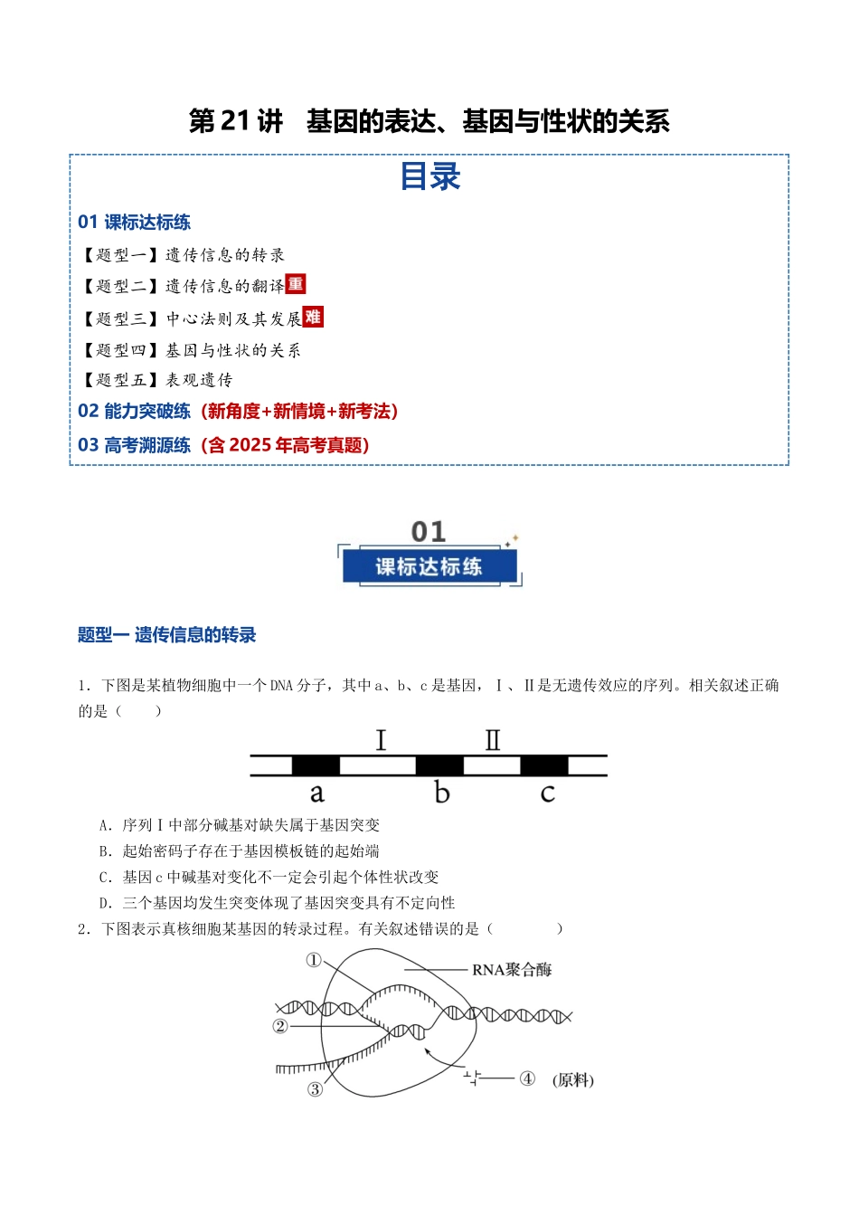 第21讲 基因的表达、基因与性状的关系(专项训练)(学生版).docx_第1页
