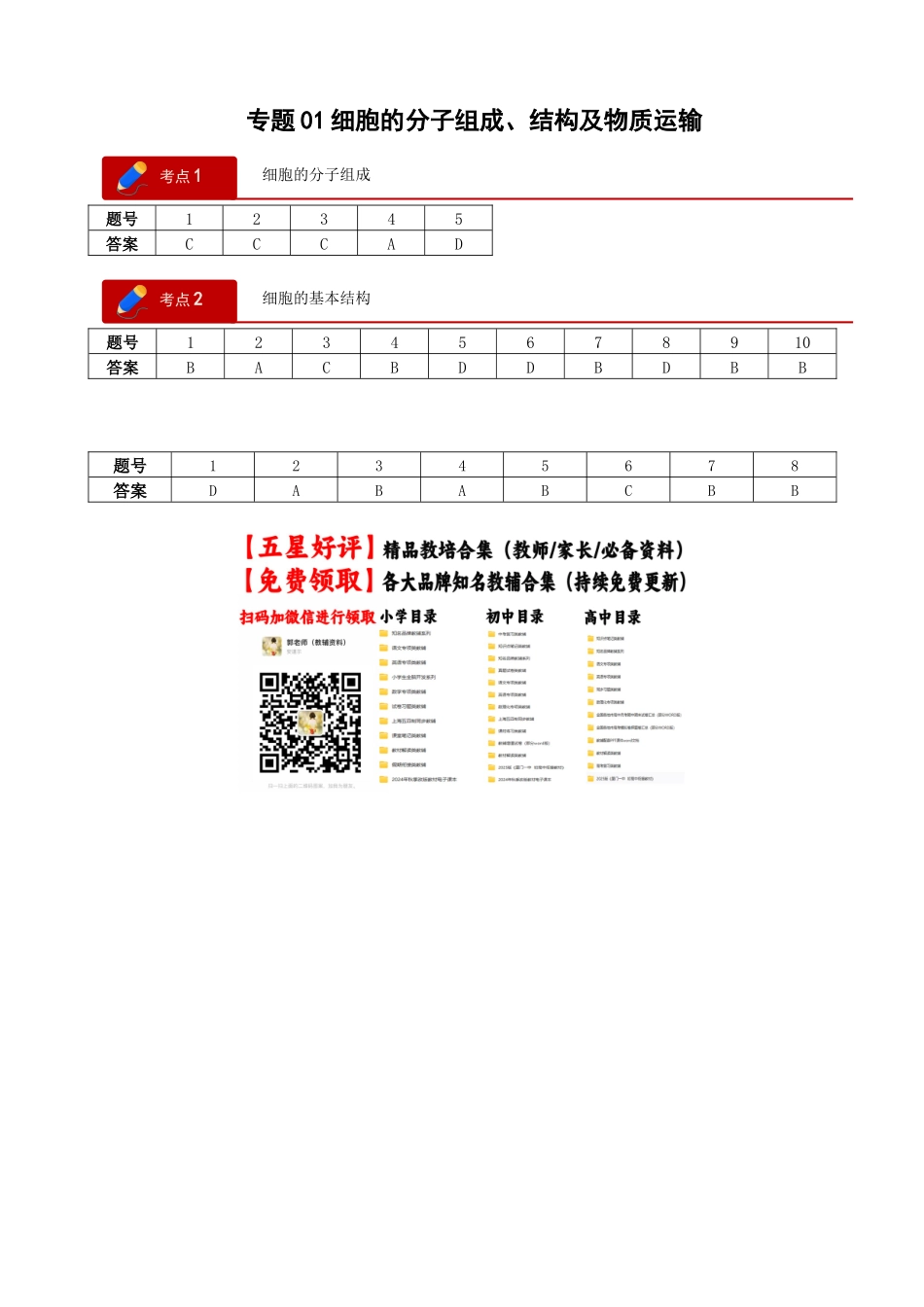 专题01 细胞的分子组成、结构及物质运输(答案版).docx_第1页