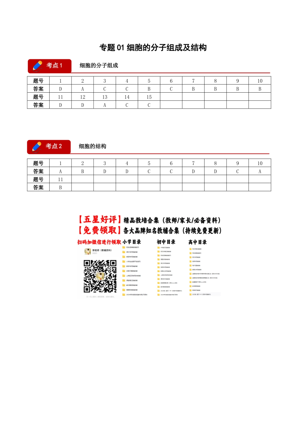 专题01 细胞的分子组成及结构(2大考点)(答案版).docx_第1页