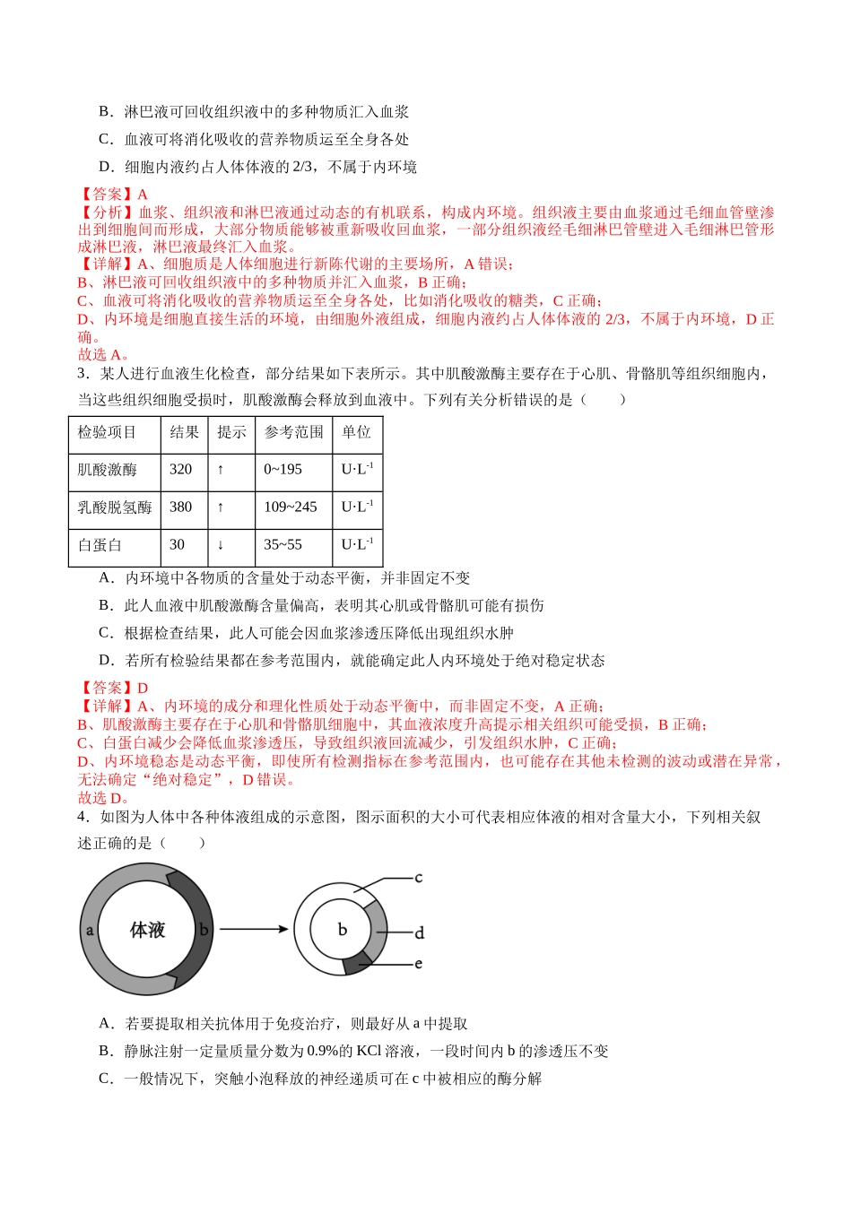 第24讲 内环境与稳态(专项训练)(教师版).docx_第2页