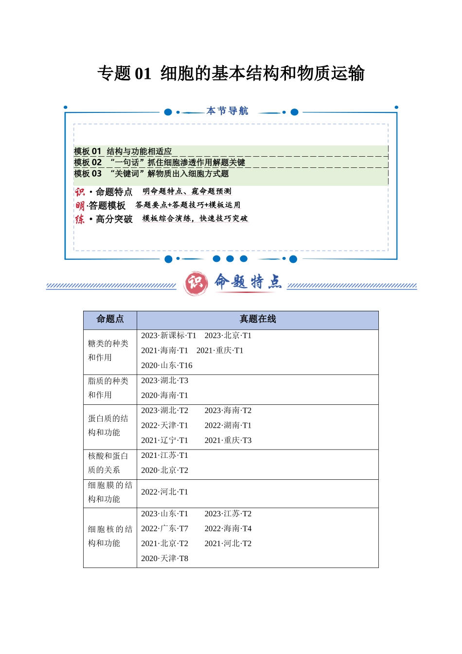 专题01 细胞的基本结构和物质运输(3大答题模板)(教师版).docx_第1页