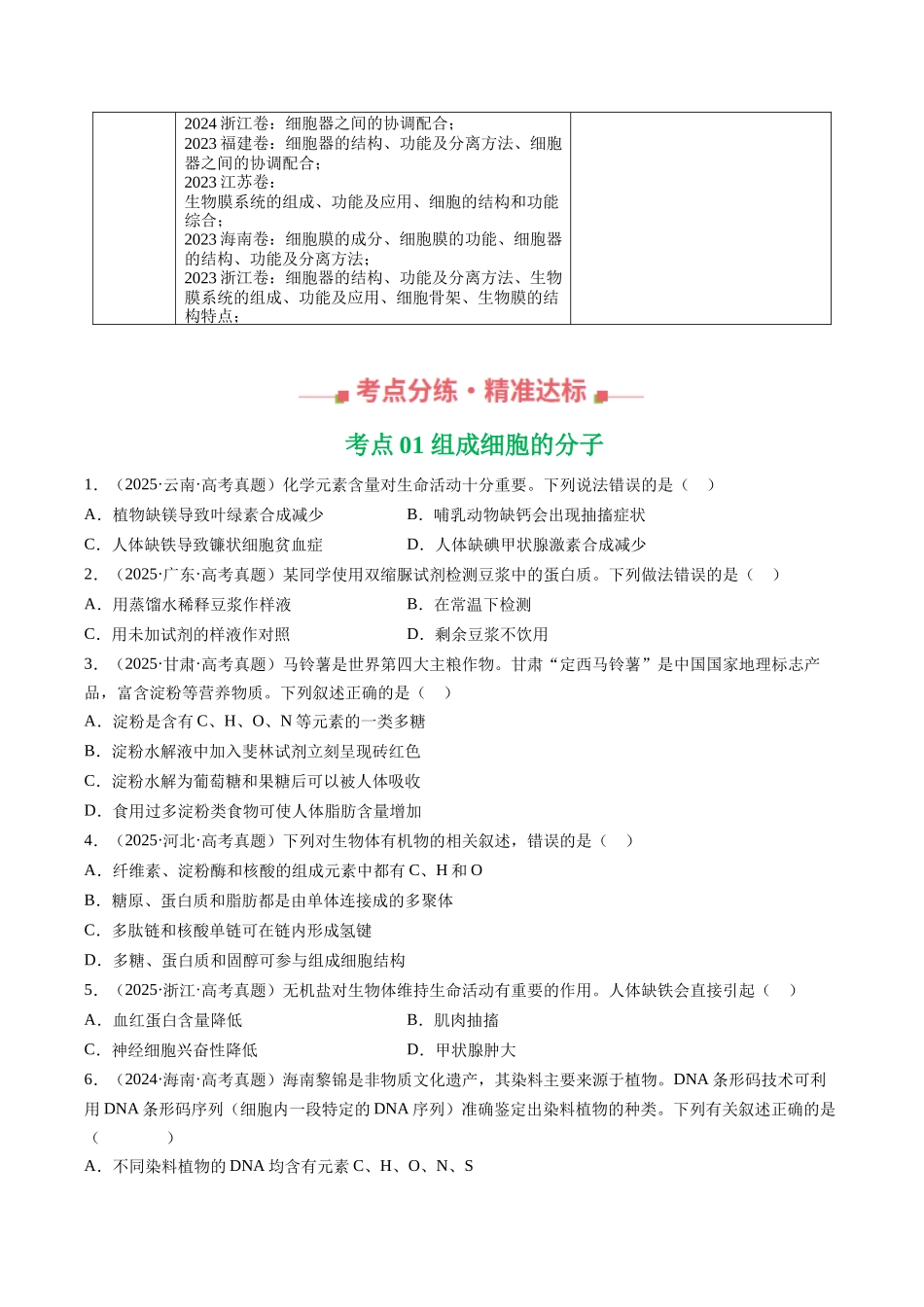 专题01 细胞的结构与分子组成（全国通用）（学生版）.docx_第2页