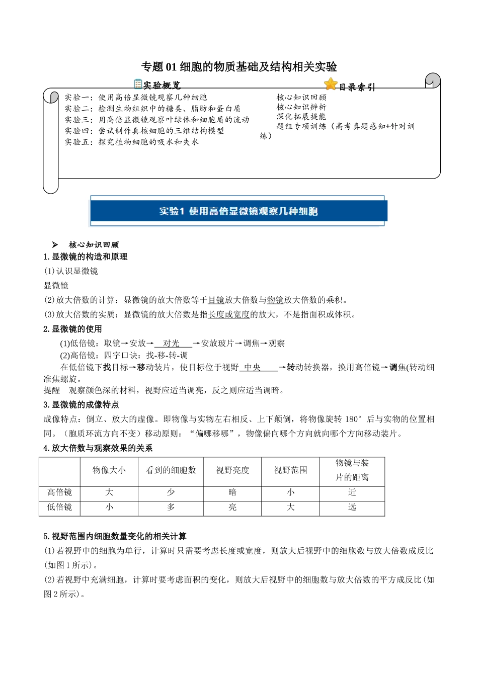 专题01 细胞的物质基础及结构相关实验（解析版）.docx_第1页