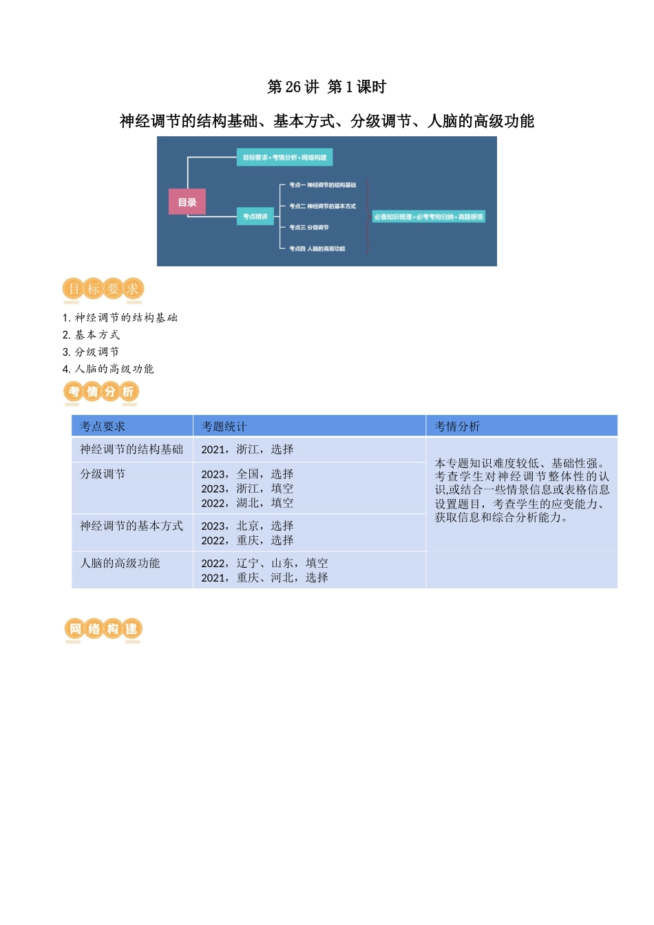 第26.1讲 神经调节的结构基础、基本方式、分级调节、高级功能（讲义）（教师版）.docx_第1页
