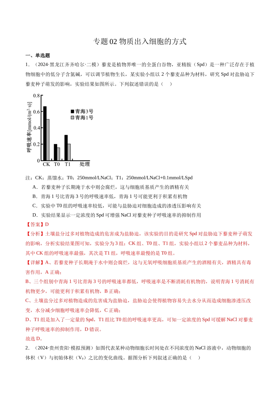 专题02 物质出入细胞的方式（解析版）.docx_第1页