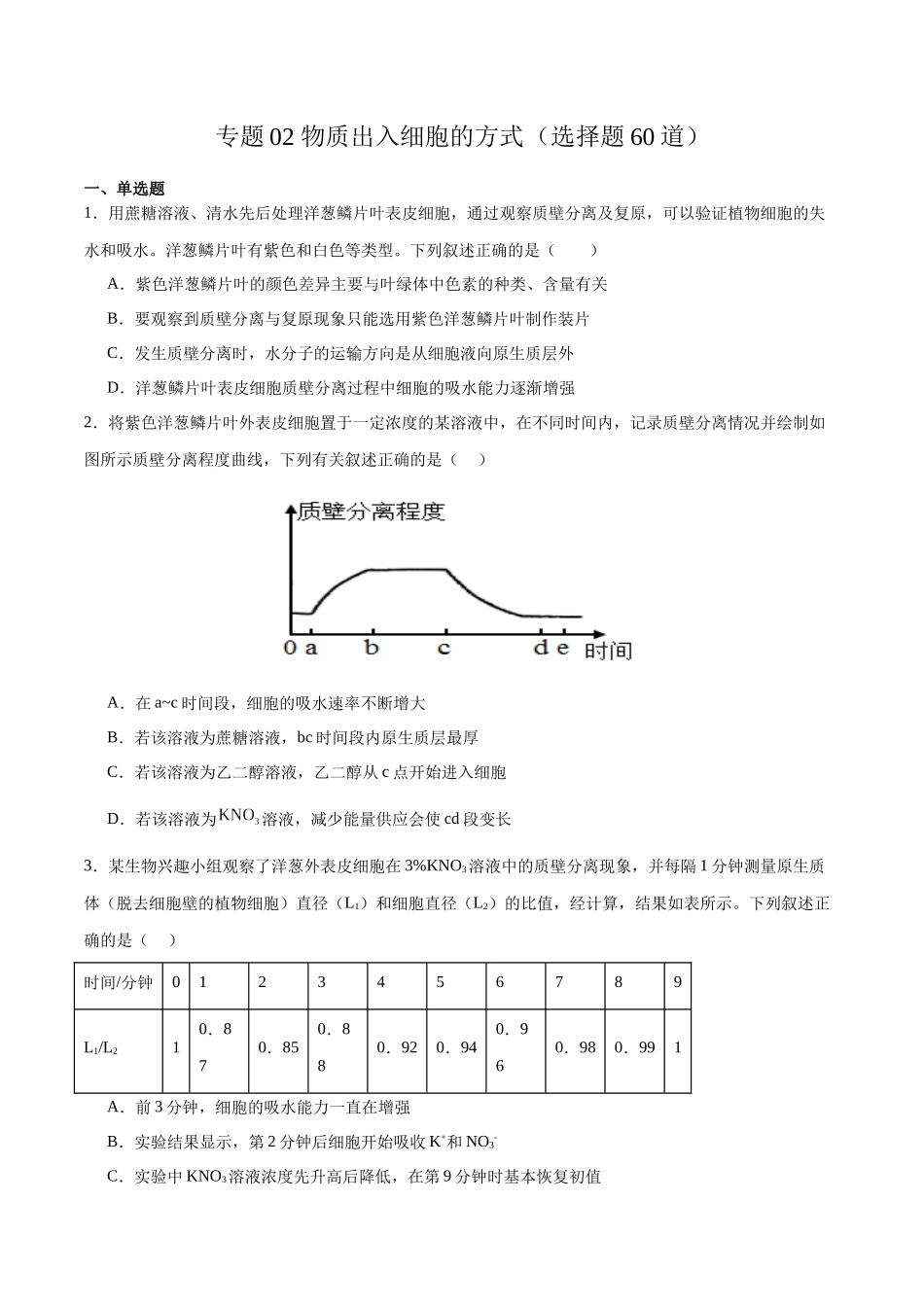 专题02 物质出入细胞的方式(选择题60道)(原卷版).docx_第1页
