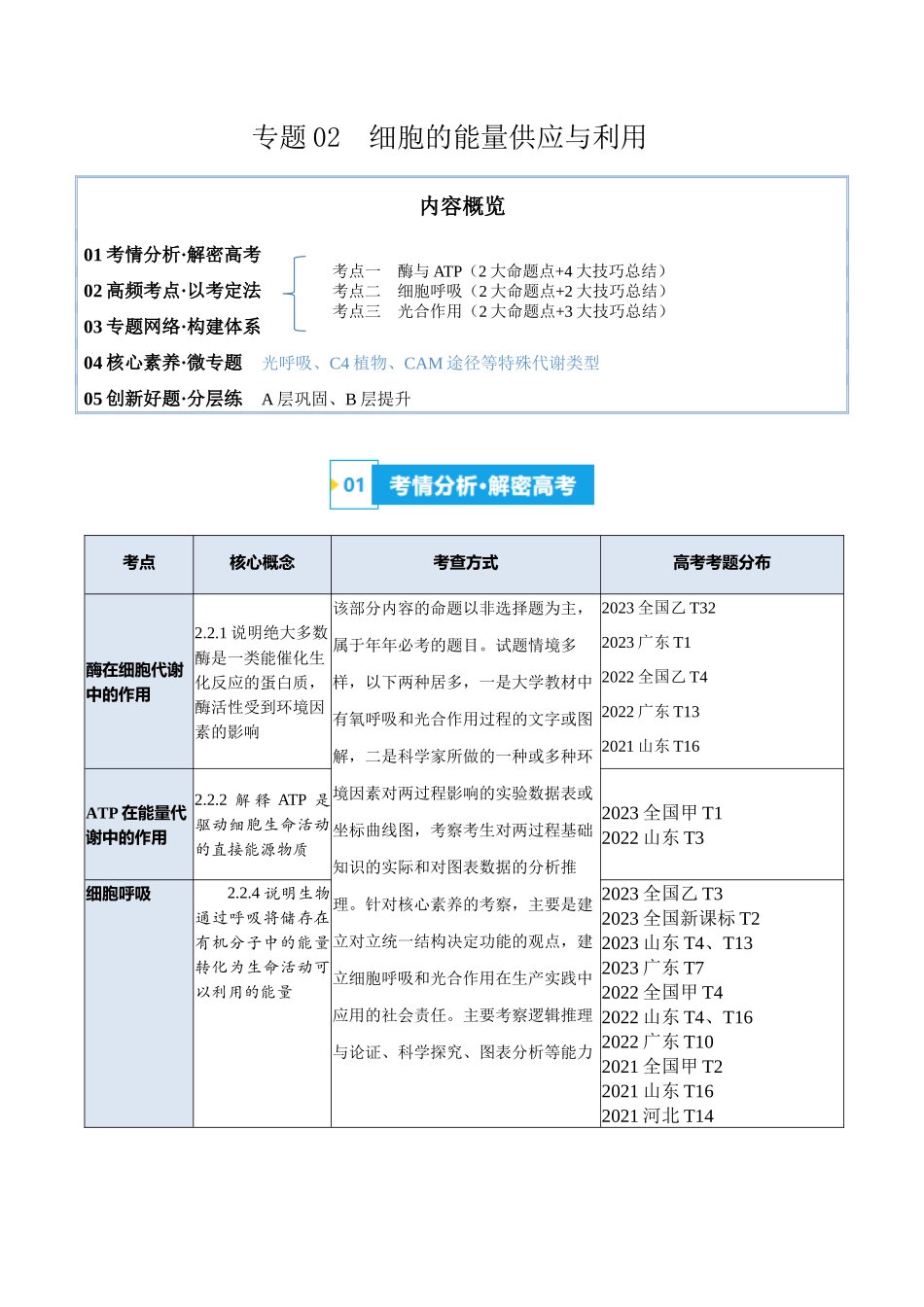 专题02 细胞的能量供应与利用(讲义)(原卷版).docx_第1页