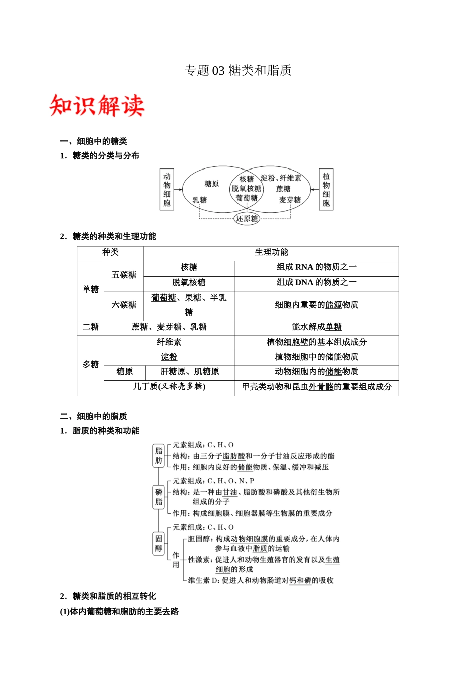 专题3 糖类和脂质（解析版).docx_第1页