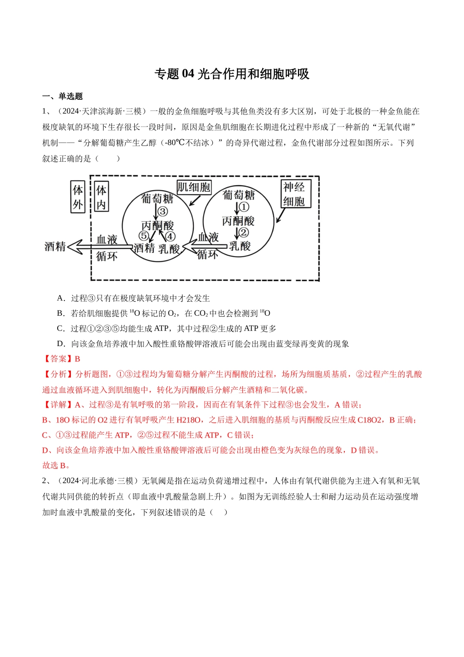专题04 光合作用与细胞呼吸(教师版).docx_第1页