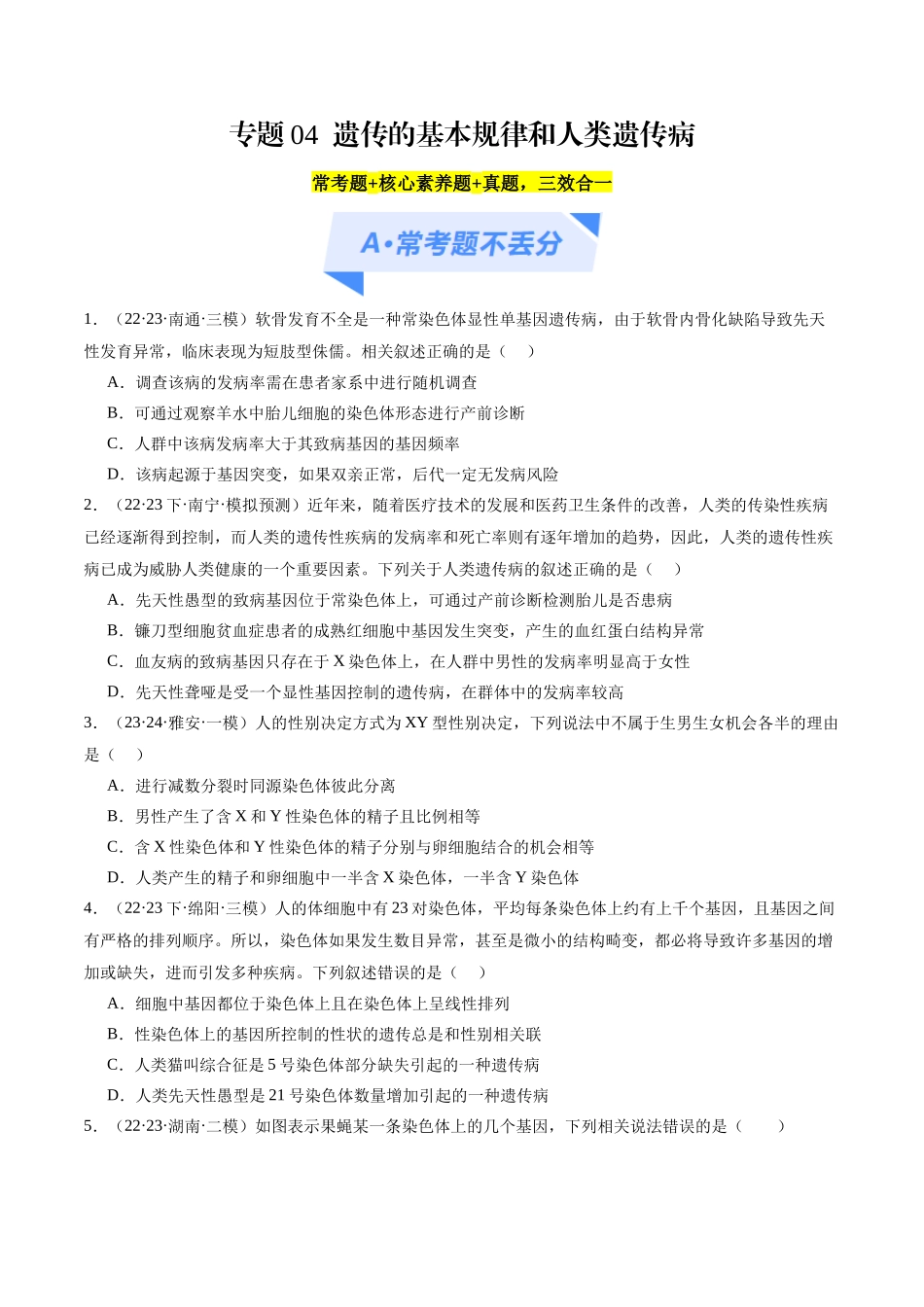 专题04  遗传的基本规律和人类遗传病（分层练）（原卷版）.docx_第1页