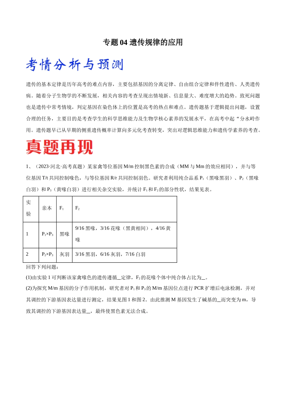专题04 遗传规律的应用（河北卷）（原卷版）.docx_第1页
