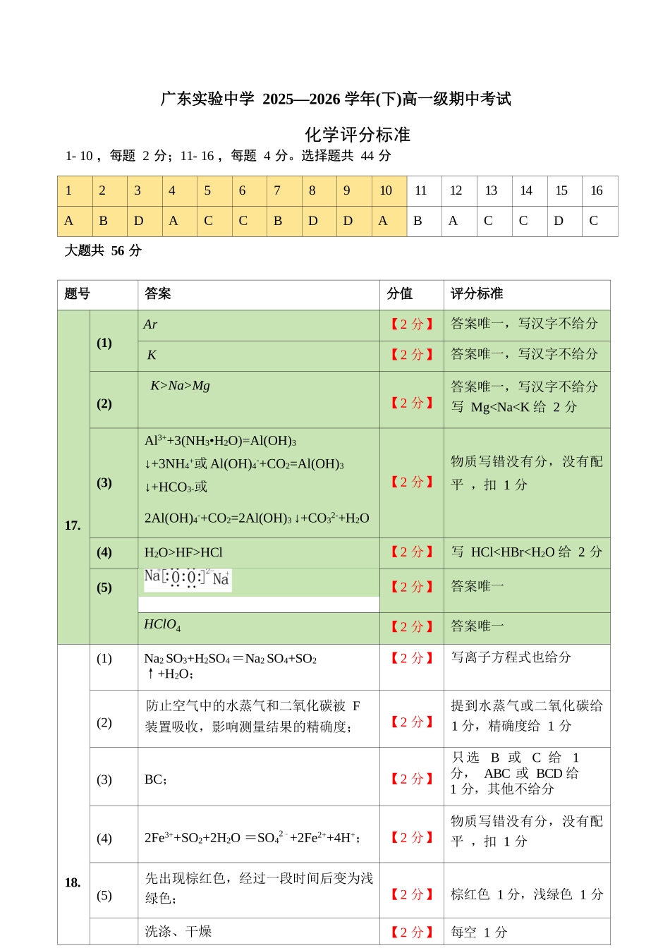 化学广东实验中学2025-2026学年(下)高一年级中段期中模块考试(5.5-5.6)(1).docx_第1页