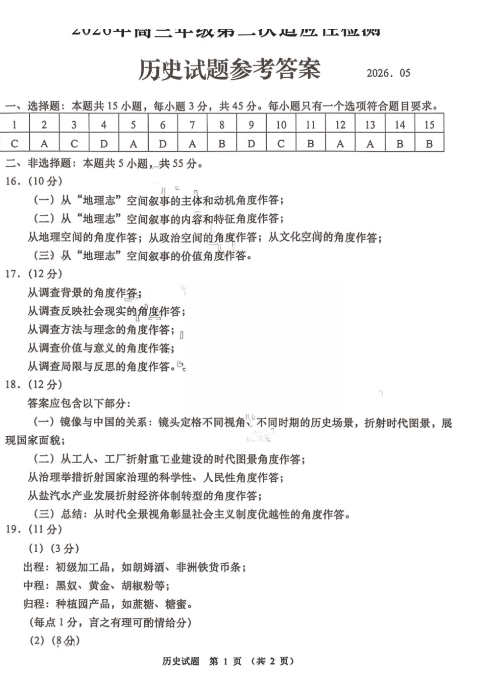 青岛市2026年高三年级第二次适应性检测历史答案.pdf_第1页