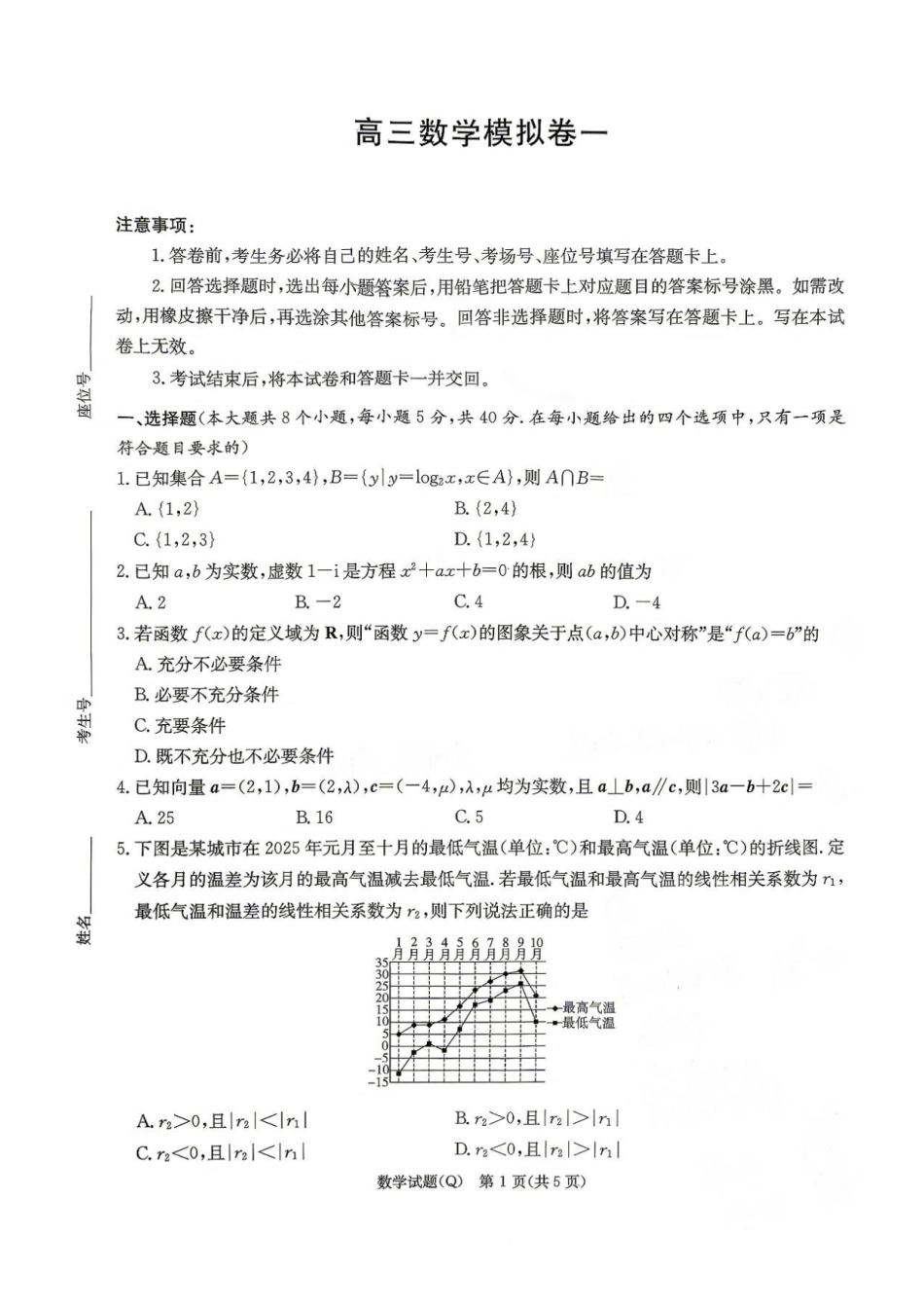 数学湖南长沙市长沙一中2026届高三年级模拟卷(一)暨月考试卷(十一)(长沙一中一模)(5.11-5.12).pdf_第1页