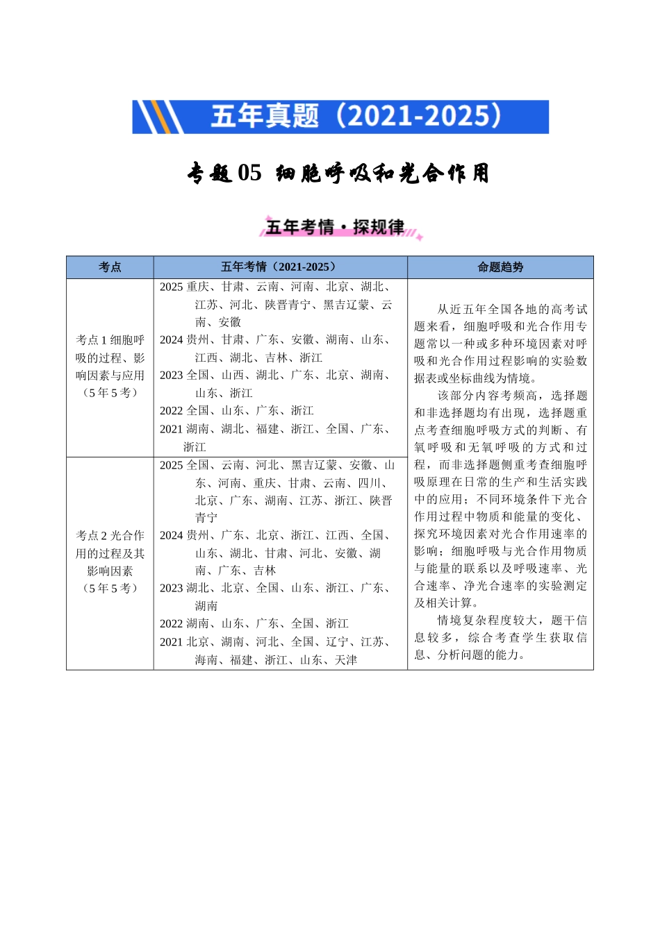 专题05 细胞呼吸和光合作用(全国通用)(教师版).docx_第1页