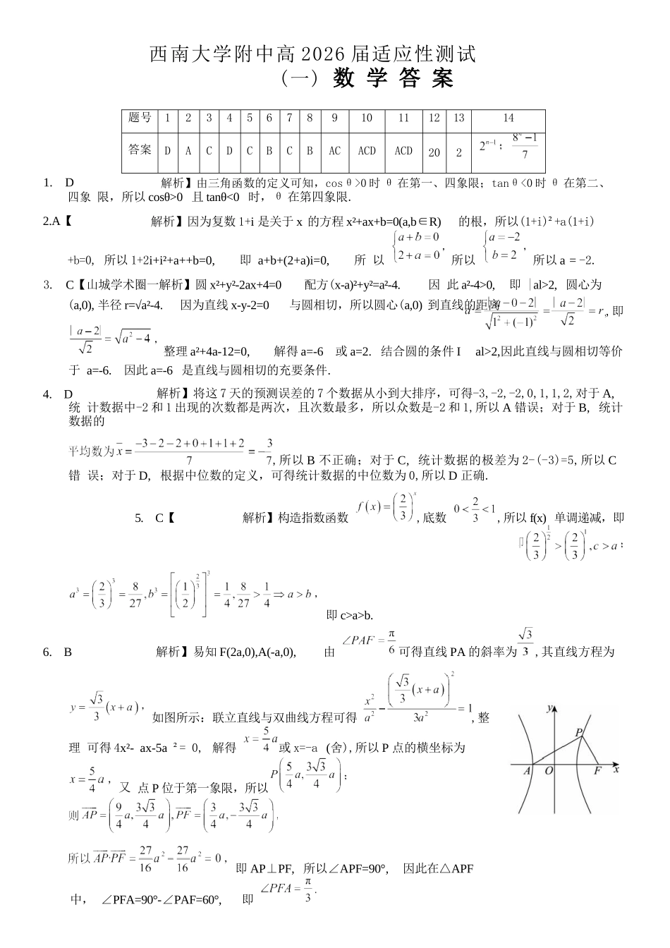 数学重庆市西南大学附中高2026届高三年级适应性测试（一）(西南大学附中一模)(5.14-5.16).docx_第1页