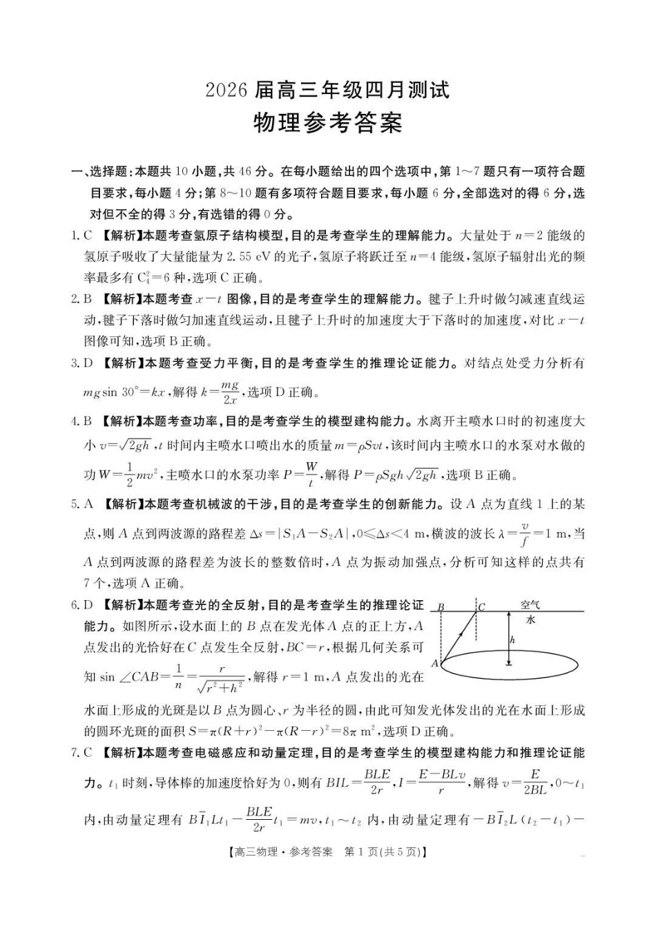 物理(26-338C)答案云南金太阳部分学校2026届高三下学期4月联考（4.23-4.24）.pdf_第1页