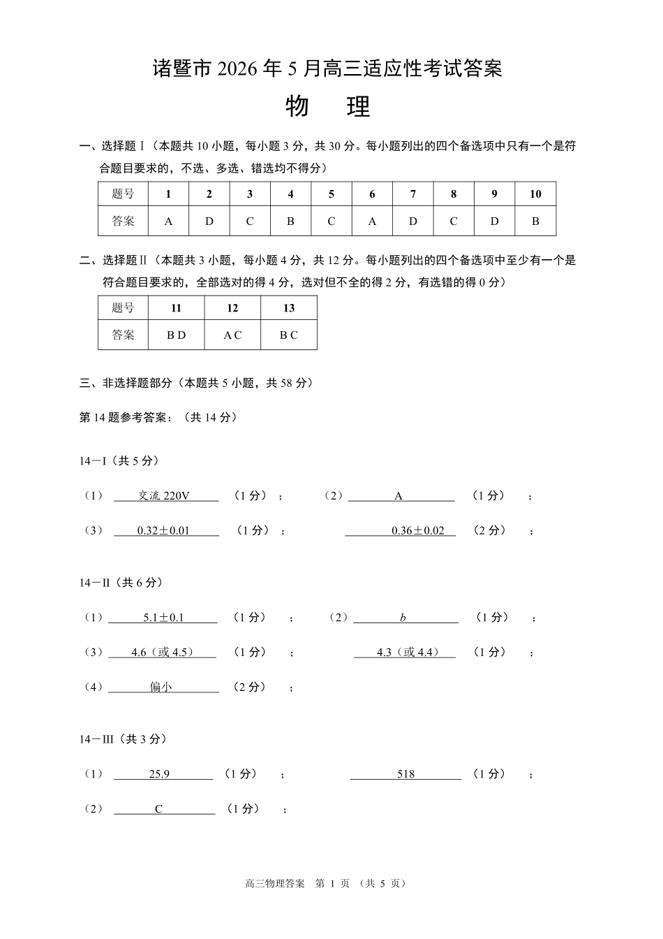 物理浙江浙江绍兴诸暨市2026年5月高三年级适应性考试试题(诸暨高三二模)(5.7-5.10)(1).pdf_第1页