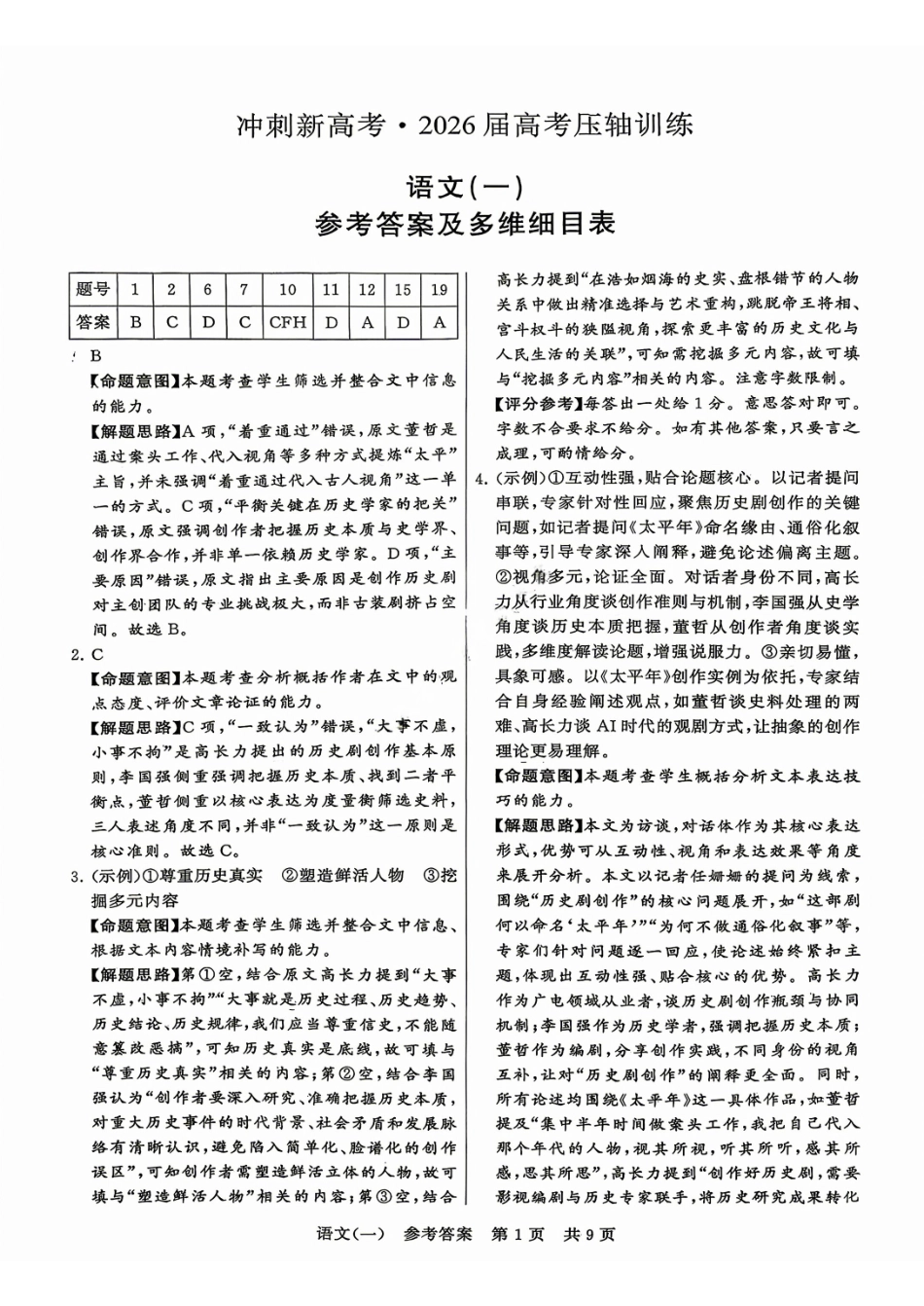 语文(一)答案冲刺新高考-2026届高三年级高考压轴训练.pdf_第1页