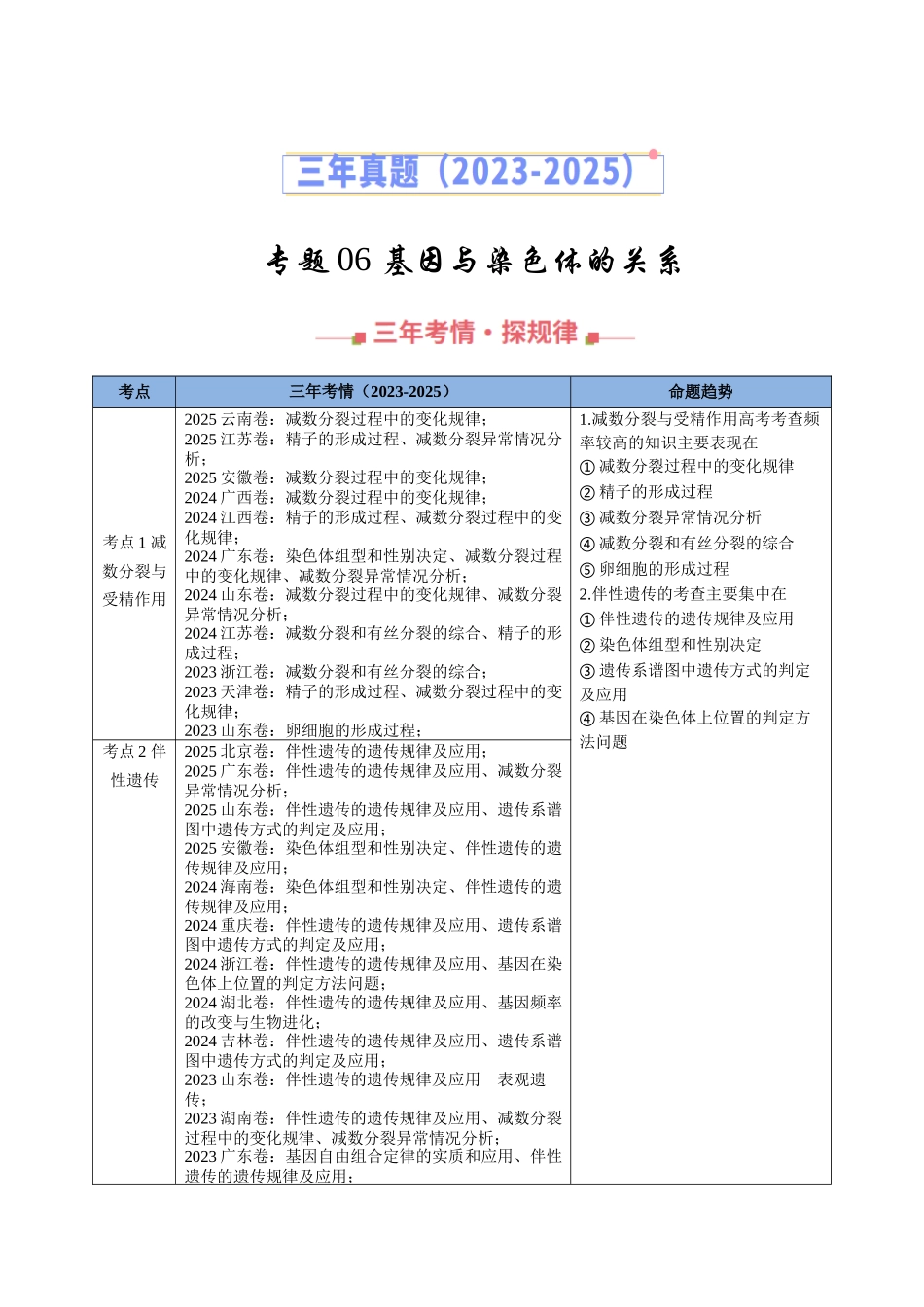 专题06 基因与染色体的关系（全国通用）（教师版）.docx_第1页