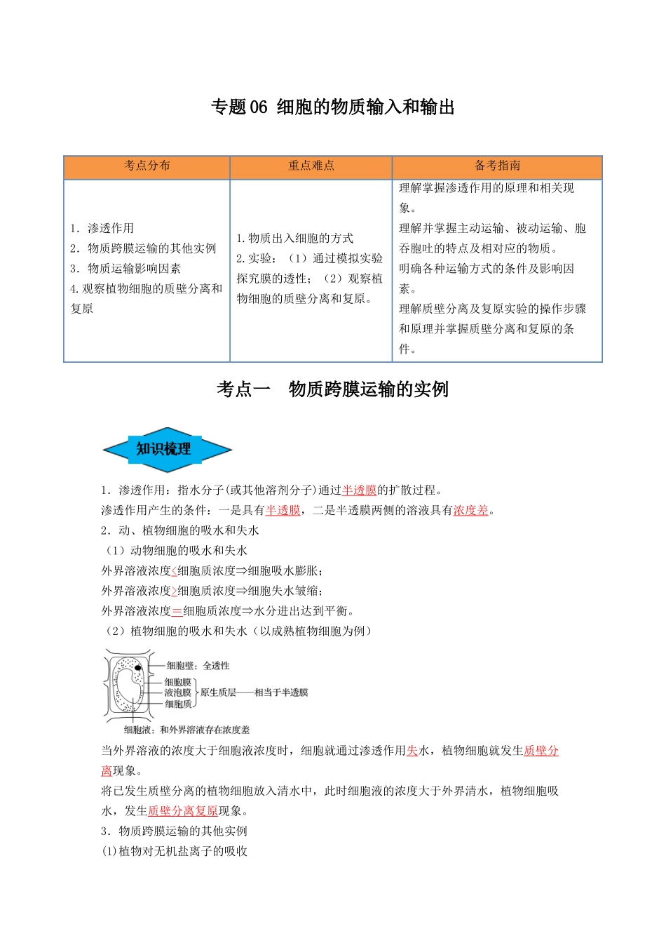 专题06 细胞的物质输入和输出(串讲)(解析版).docx_第1页