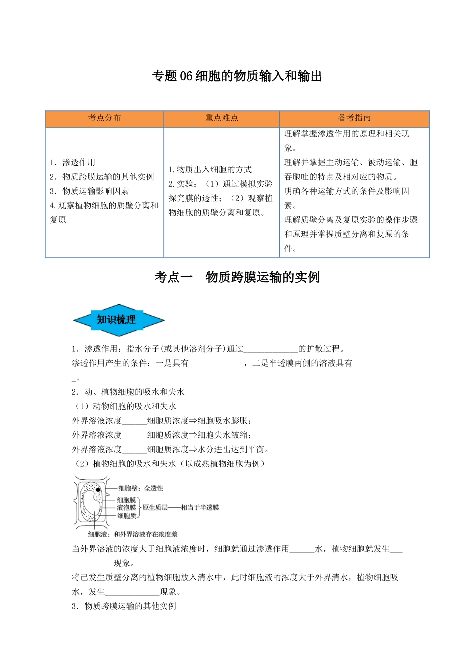 专题06 细胞的物质输入和输出（串讲）（原卷版）.docx_第1页