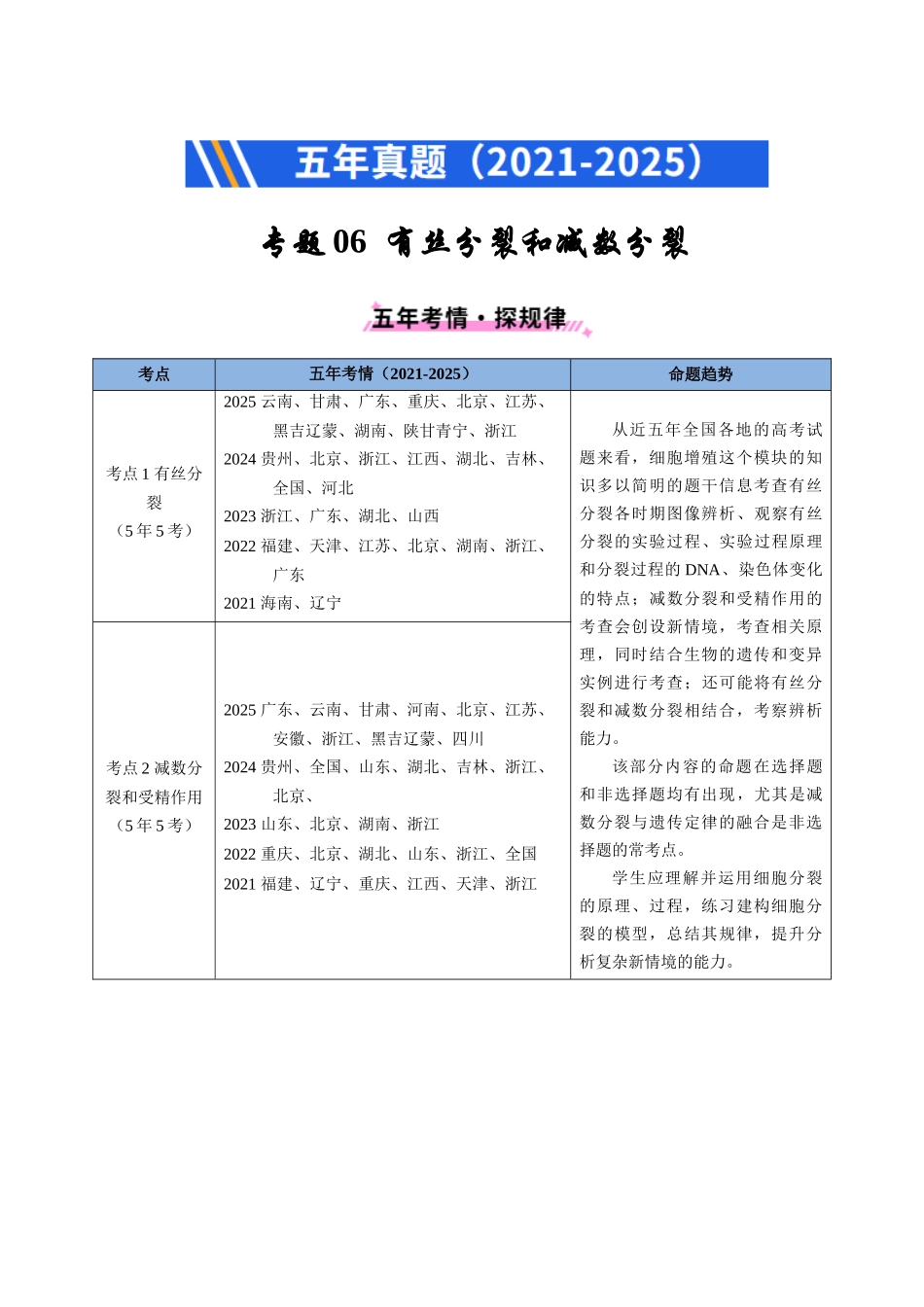 专题06 有丝分裂和减数分裂（全国通用）（教师版）.docx_第1页