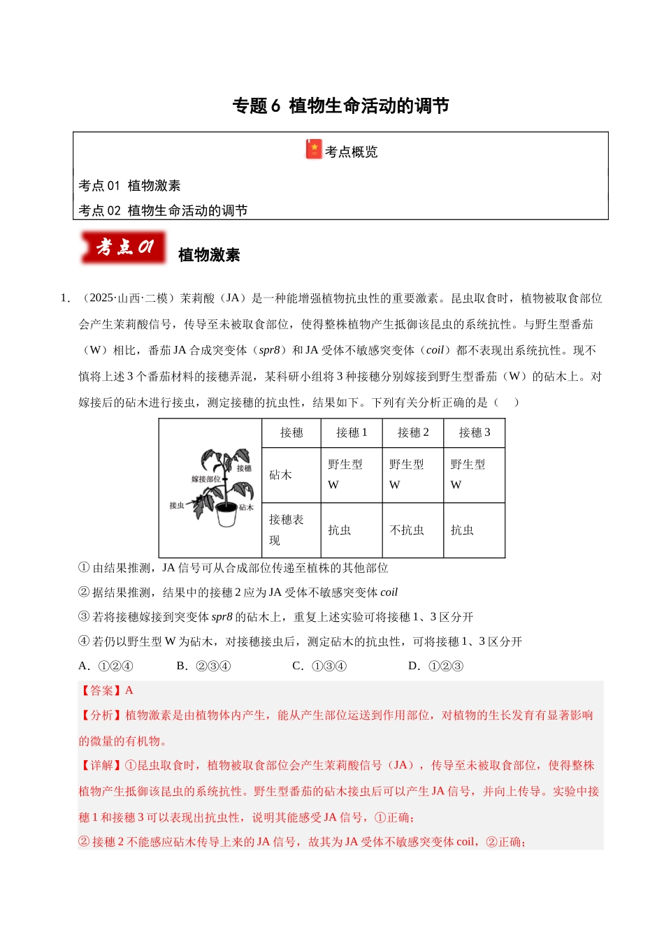 专题06 植物生命活动的调节(教师版).docx_第1页