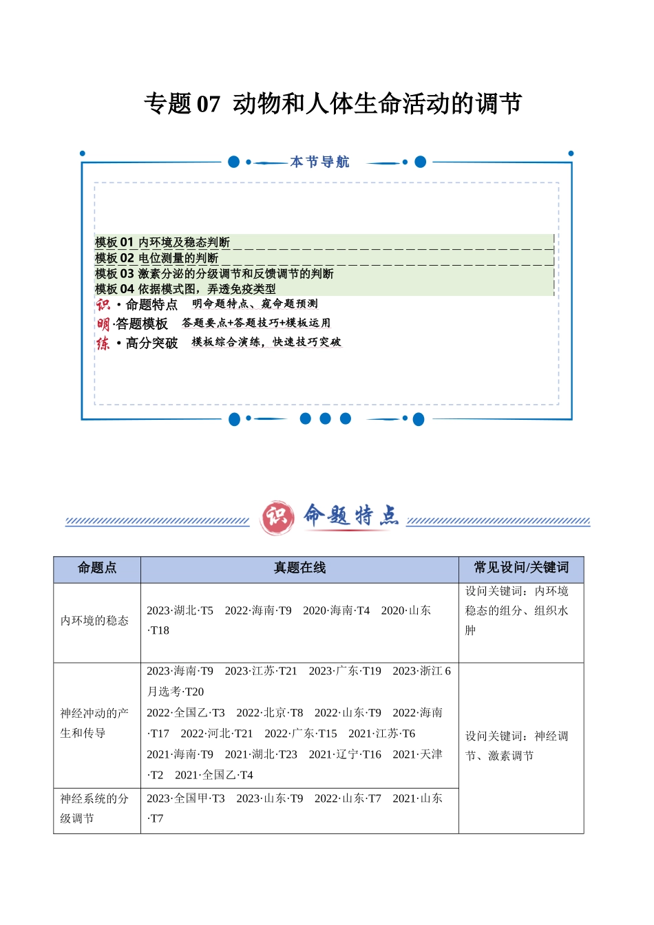 专题07 动物和人体生命活动的调节（学生版）.docx_第1页