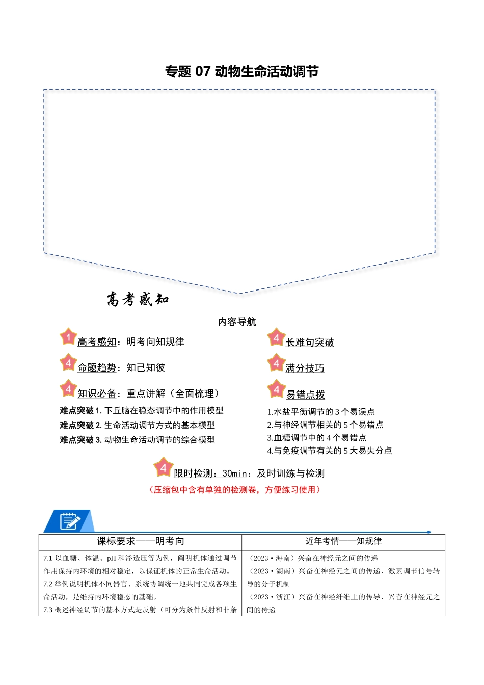 专题07 动物生命活动调节（学生版）.docx_第1页