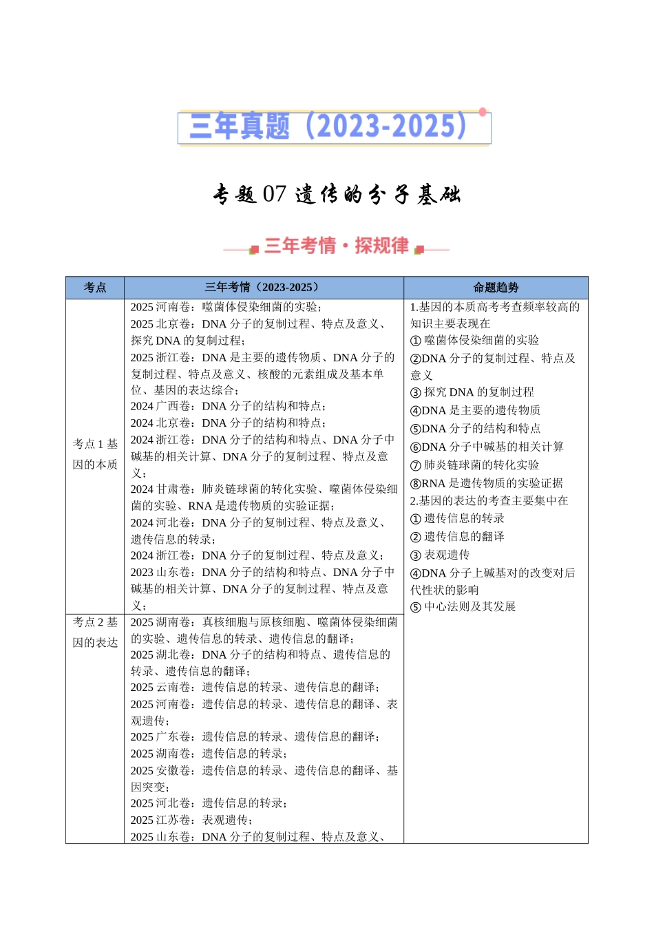 专题07 遗传的分子基础（全国通用）（教师版）.docx_第1页