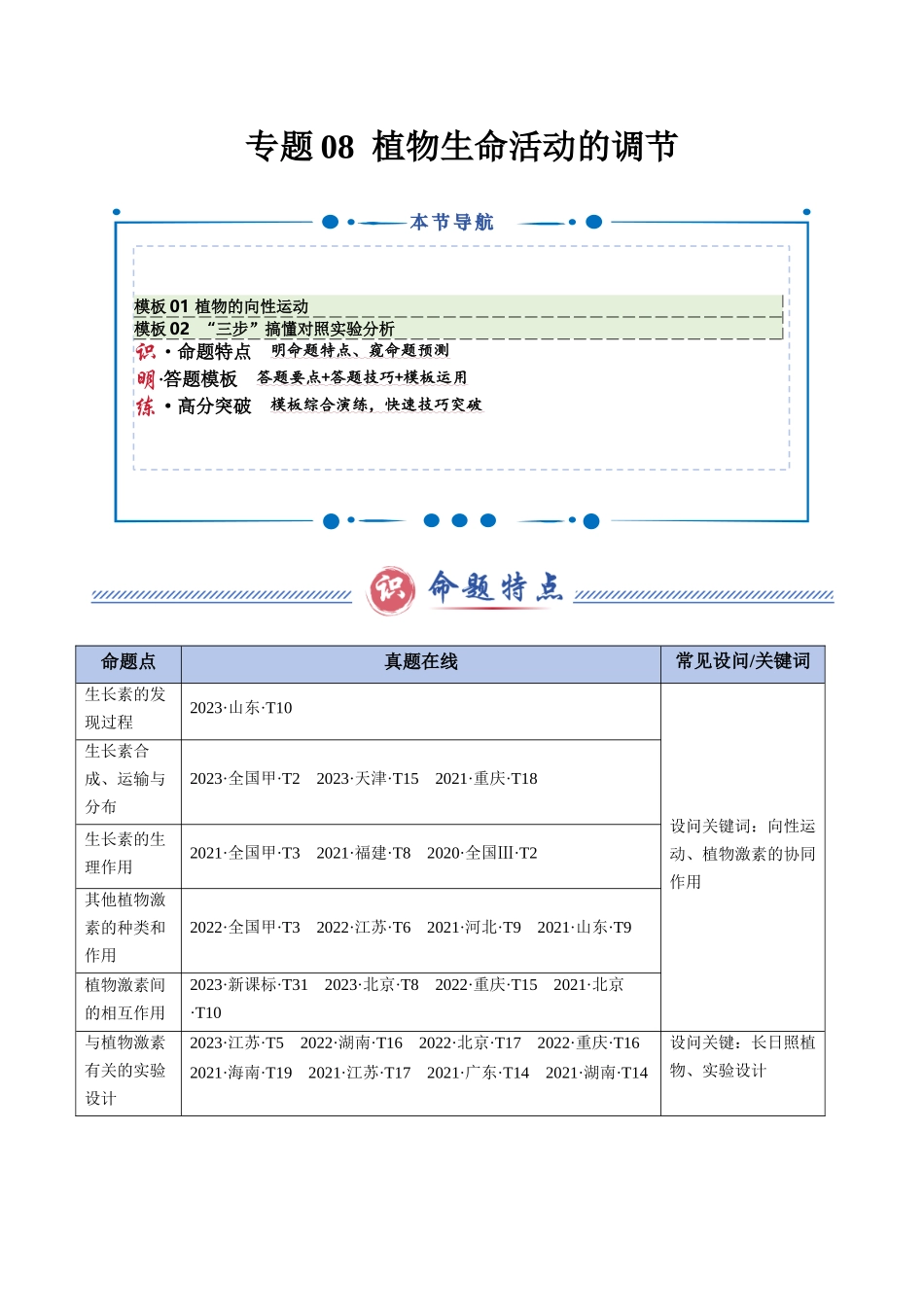专题08 植物生命活动的调节(教师版).docx_第1页