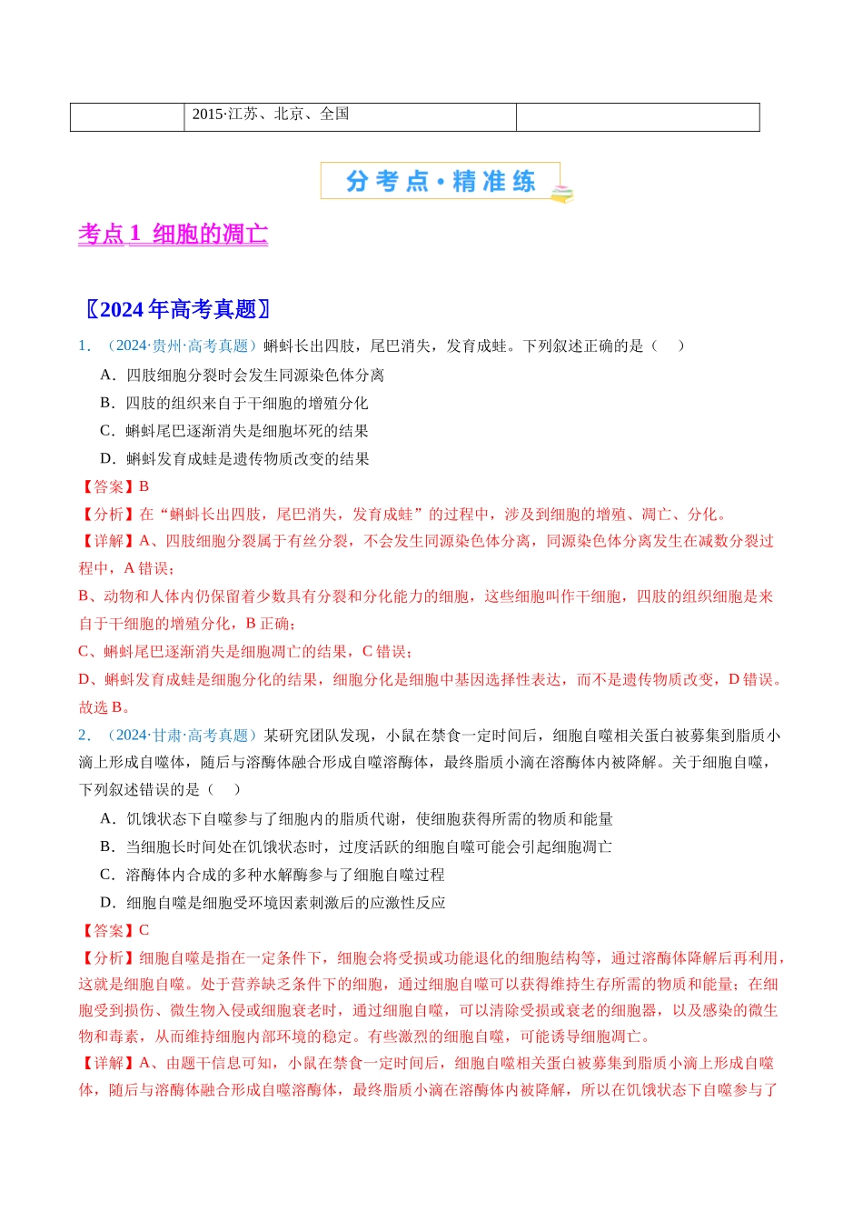 专题09 细胞的分化、衰老、凋亡及癌变-（全国通用）（解析版）.docx_第2页