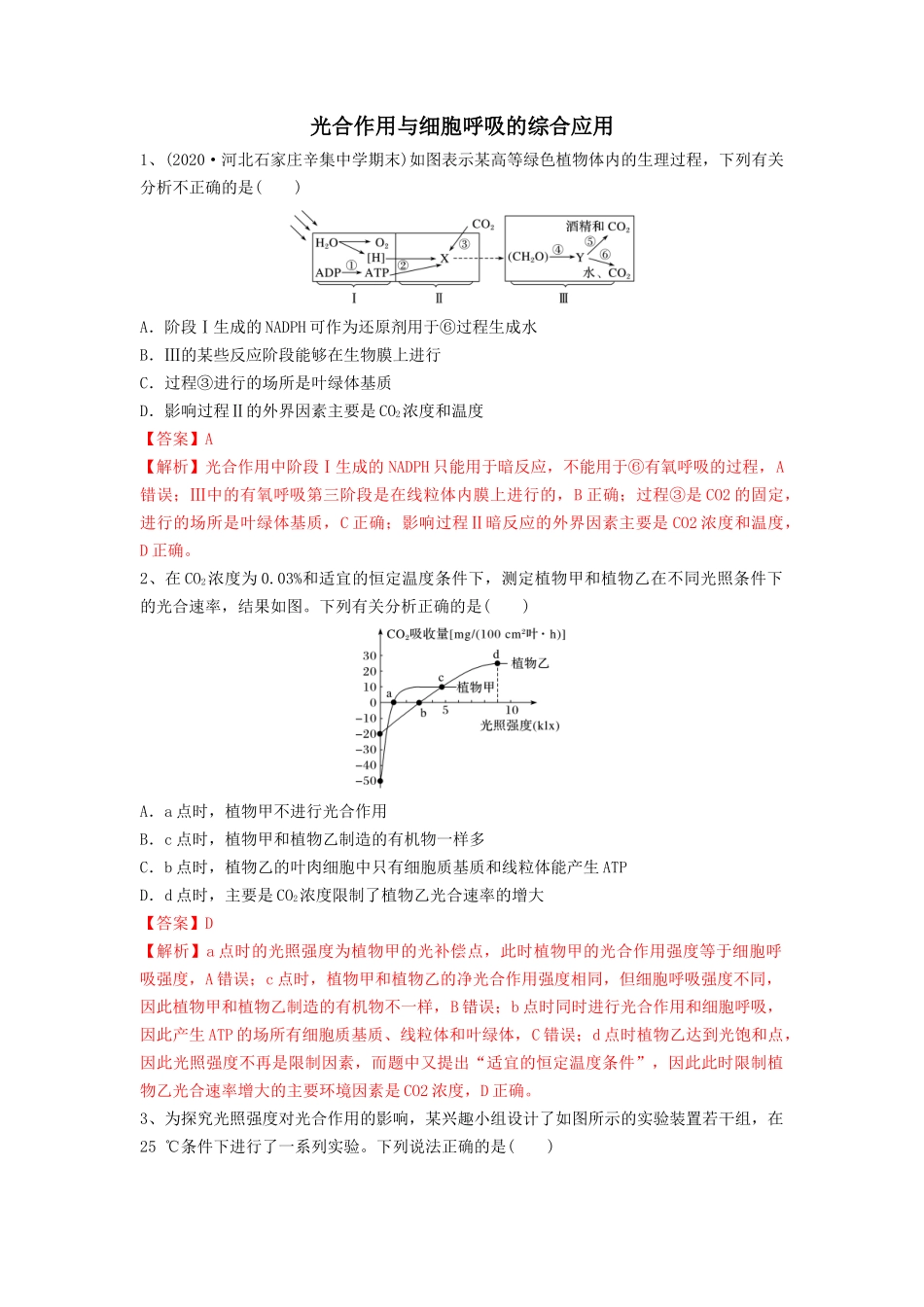 专题10 光合作用与细胞呼吸的综合应用（精练）（解析版）.docx_第1页