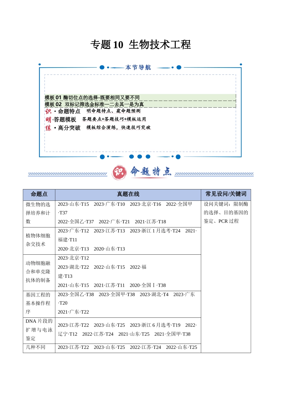 专题10 生物技术工程（教师版）.docx_第1页