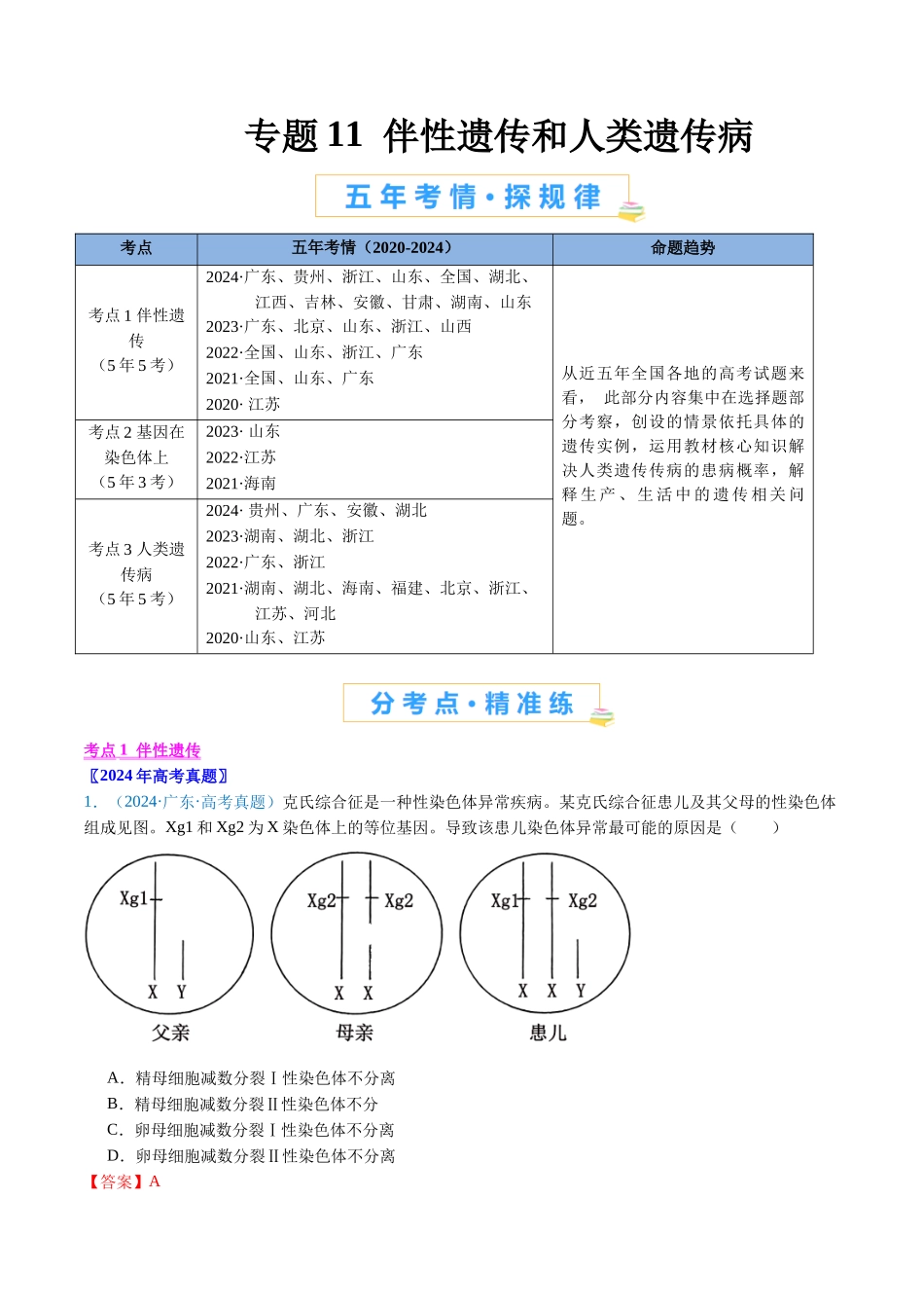 专题11 伴性遗传和人类遗传病(解析版).docx_第1页