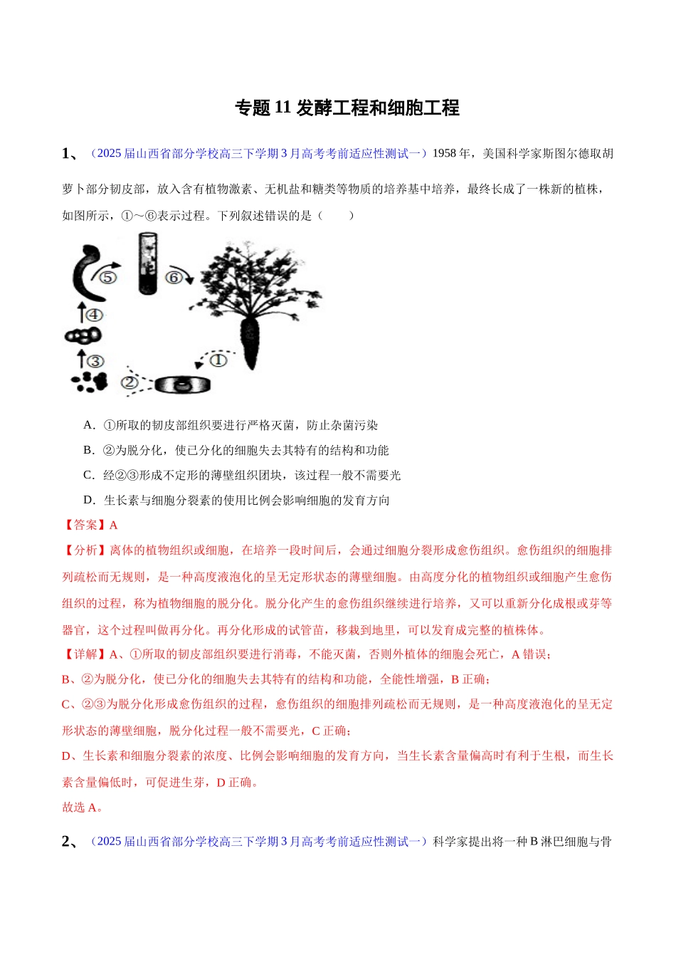 专题11 发酵工程和细胞工程（教师版） .docx_第1页
