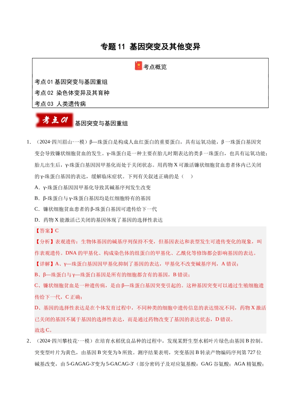 专题11 基因突变及其他变异(教师版).docx_第1页