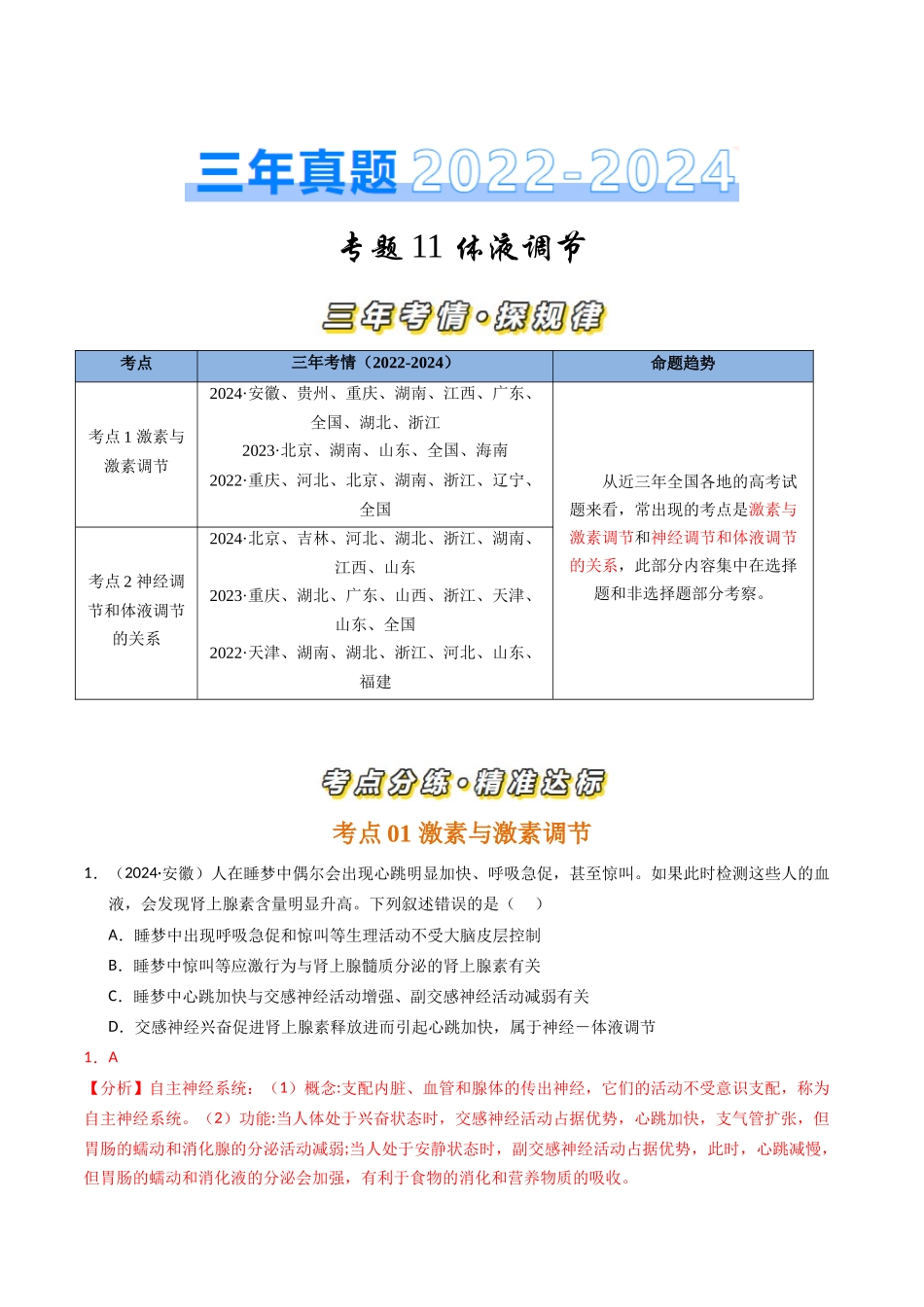 专题11 体液调节（解析版）.docx_第1页
