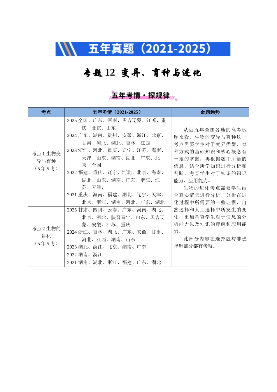 专题12 变异、育种与进化(全国通用)(教师版).docx_第1页