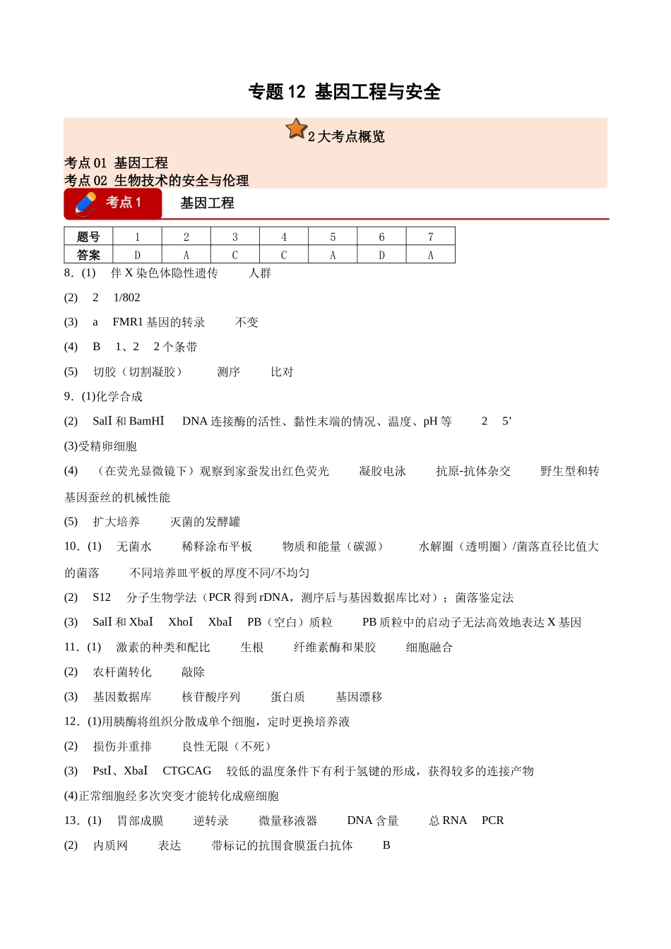专题12 基因工程与安全(2大考点)(答案版).docx_第1页