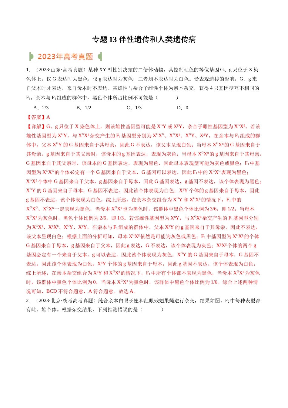 专题13 伴性遗传和人类遗传病(解析版).docx_第1页