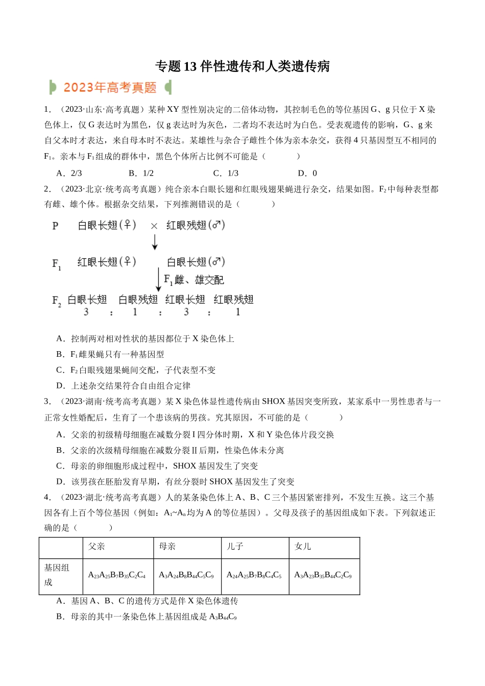 专题13 伴性遗传和人类遗传病（原卷版）.docx_第1页