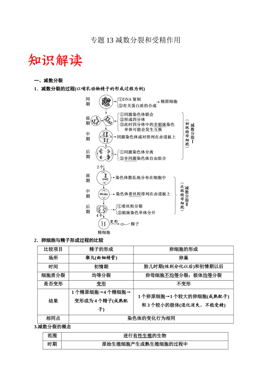 专题13 减数分裂和受精作用（原卷版) .docx_第1页