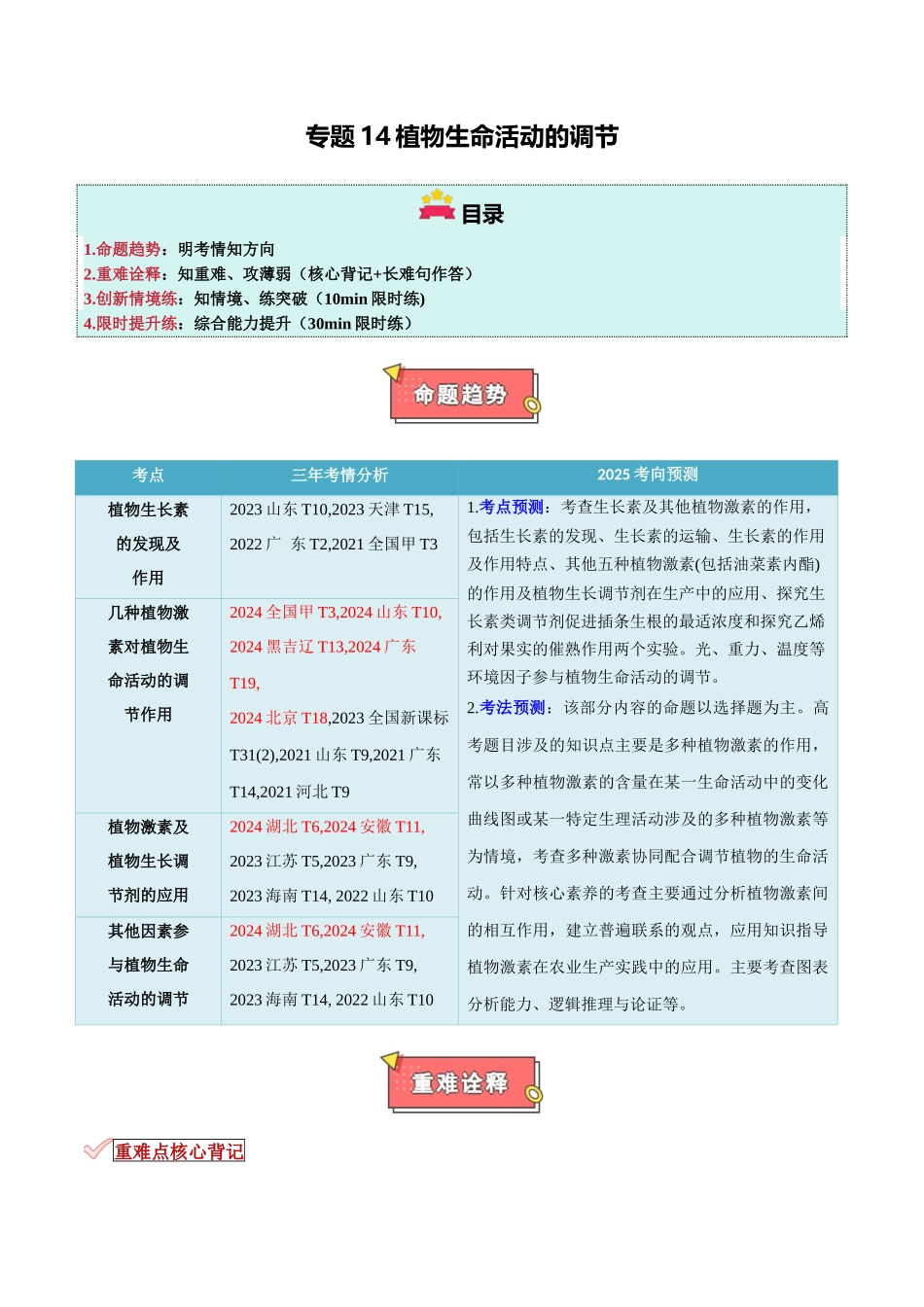 专题14 植物生命活动的调节(原卷版).docx_第1页