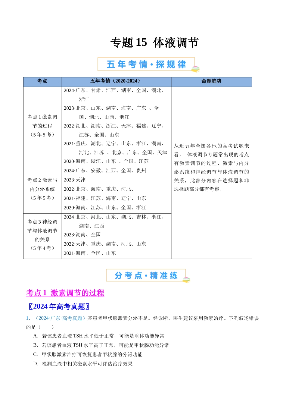 专题15 体液调节（全国通用）（原卷版）.docx_第1页