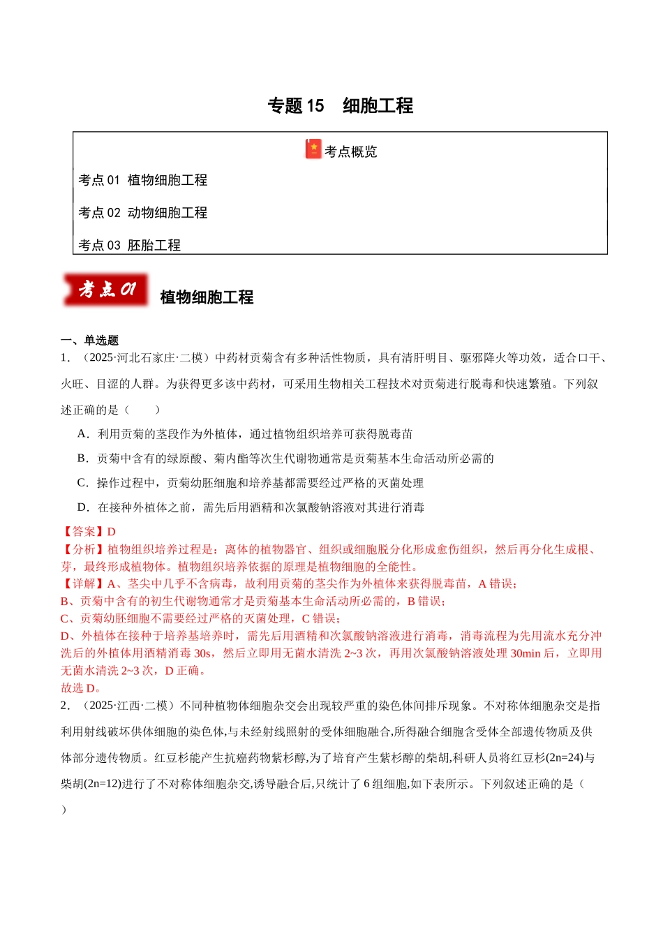 专题15 细胞工程(教师版).docx_第1页