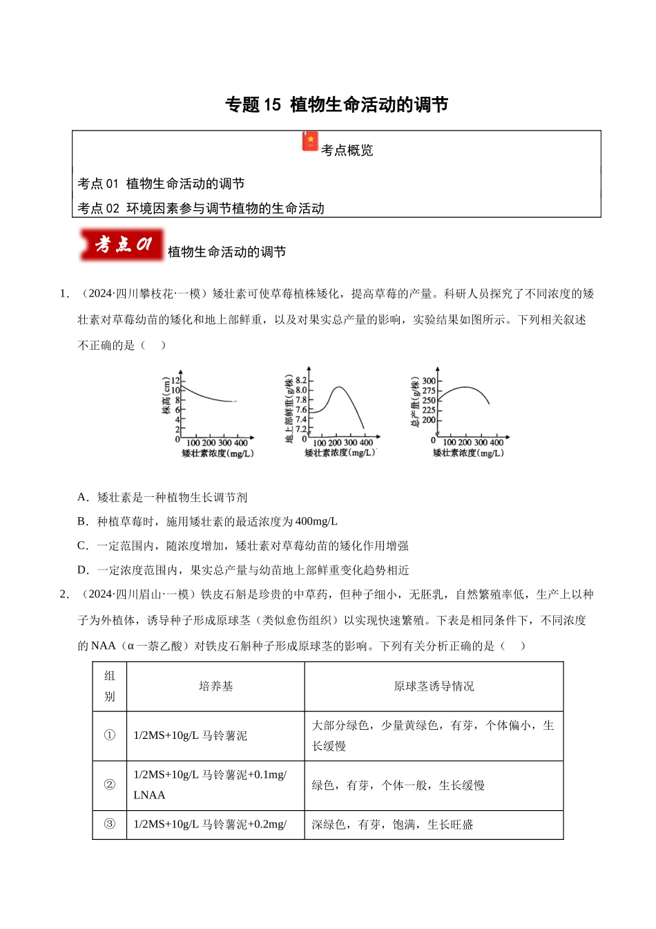 专题15 植物生命活动的调节(学生版).docx_第1页